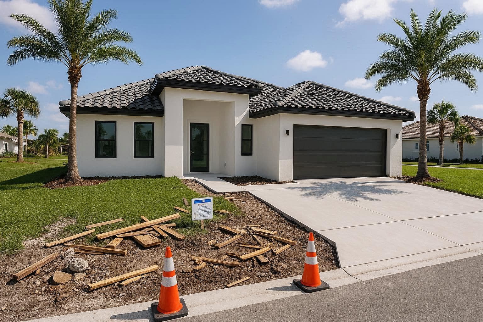 Florida home construction site with workers and contractors