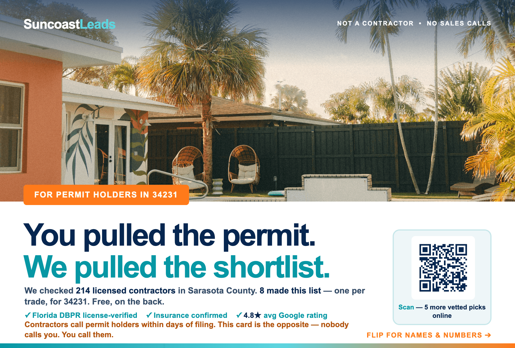 Front of the homeowner postcard mailed by SuncoastLeads